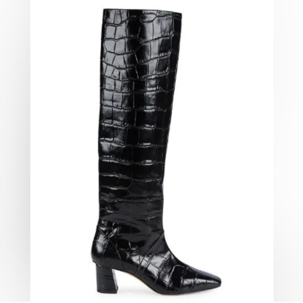 3.1 PHILLIP LIM “Tess” Black Croc-Embossed Square Toe Zip Up Leather Boots, 37.5